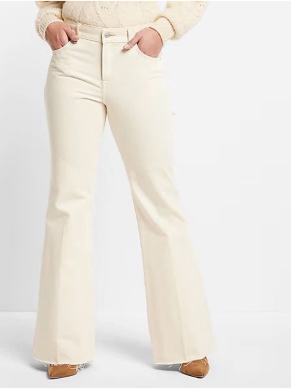 Express Cream Flare Jeans High Rise Raw Hem Size 2R | Wide Leg Denim
